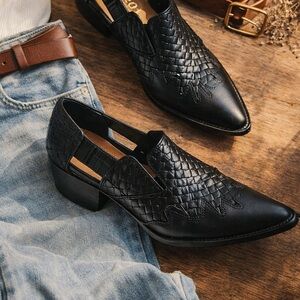 Vintage 90s Black Woven Italian Leather Western Style Pointed Loafer Bootie 7.5